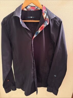Stone Rose Black Dress Shirt with Multicolor Plaid Trim, EUC, Size 3
